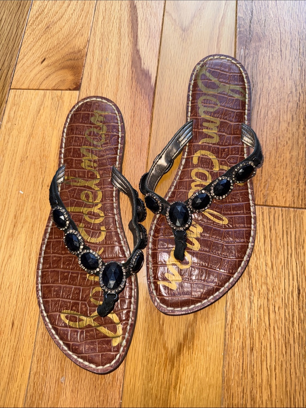 Sam Edelman Black Beaded Brown Faux-Croc Thong Sandals